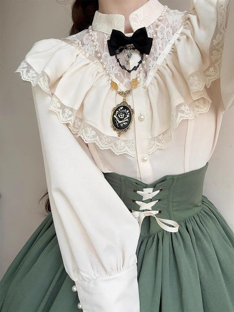 LAVASEON Long Sleeve Retro Perfect for Cute Lace and Balloon Office Princess Mori Girl No Bow Women's Blouse, Commuting, Ruffles, Stand-Up Collar,