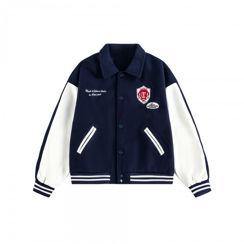 Unisex College Style Patch Embroidery Baseball Jacket Short Loose Fit Cotton Outerwear Teens