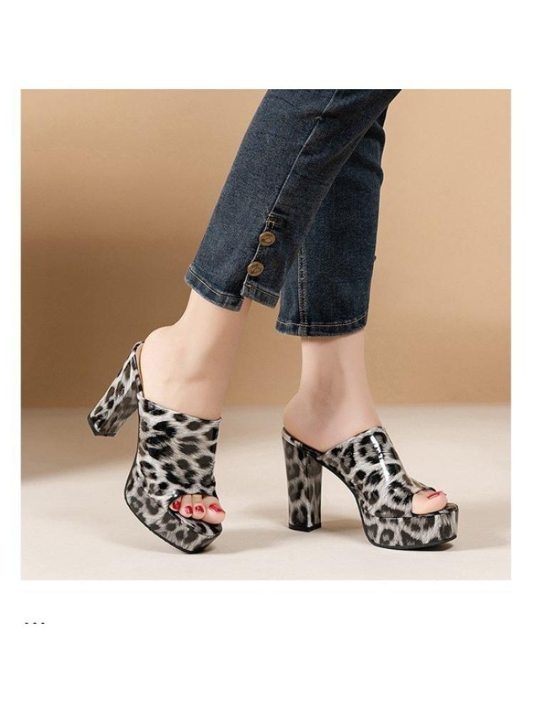Fashion New Waterproof Platform Sandals for Women, Thick Heels, Summer Fish Mouth, Cool Slippers, Leopard Print Flip-flops