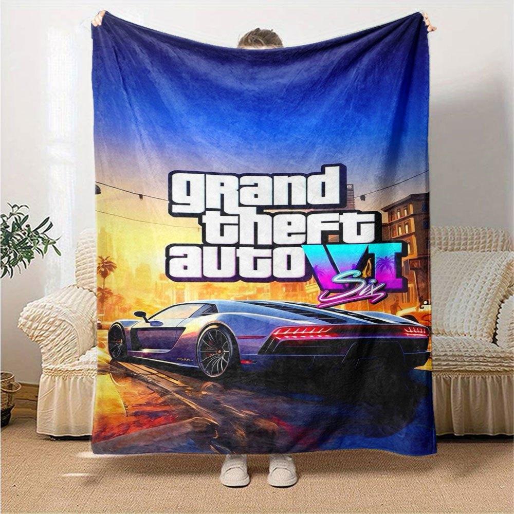 1 шт. Мягкое фланелевое одеяло Grand Theft Auto с дизайнерским принтом. Уютное одеяло для всех сезонов, идеально подходит для дивана, кровати, офиса