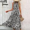 Женская мода лето весна цветочный узор печати без рукавов с высокой талией повседневные платья