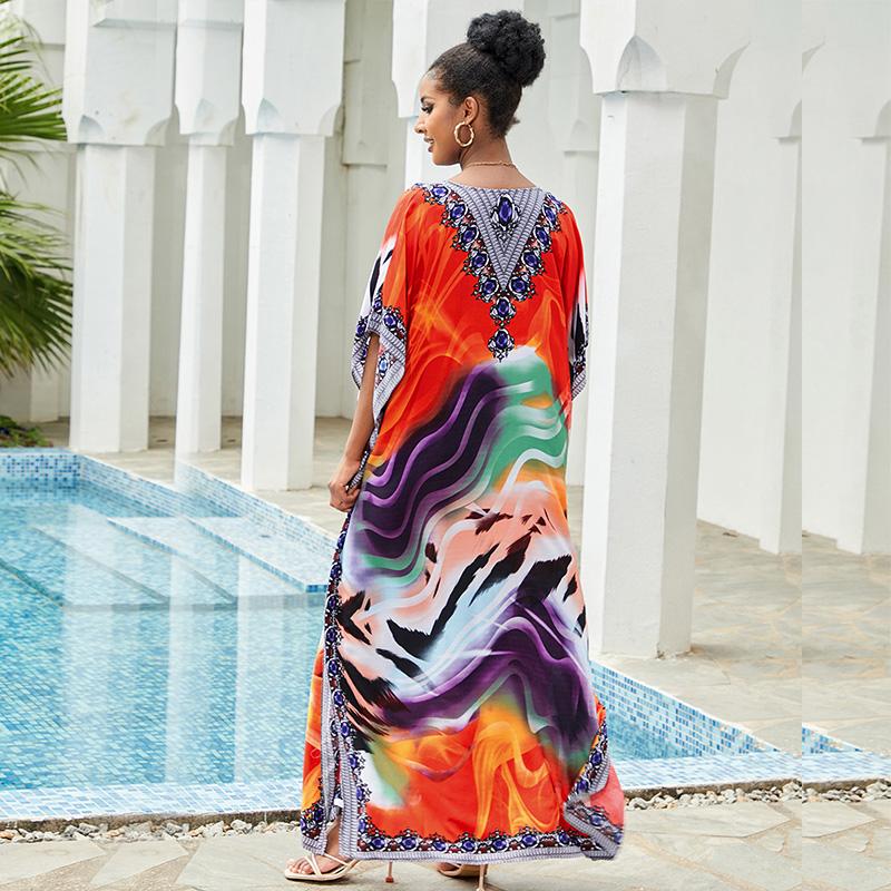 EDOLYNSA Красочное богемное платье-кафтан для женщин с v-образным вырезом, накидка для купания, плюс размер, пляжная одежда с рукавами «летучая мышь», длинный отпускный халат Q841