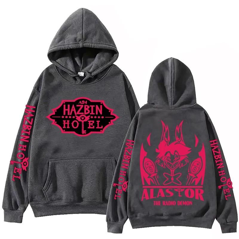 Винтажная толстовка с капюшоном Alastor Hazbin Hotel Radio Demon для мужчин - Ретро-свитшот с принтом в цветах: Черный, Белый, Серый, Розовый, Хаки, Красный