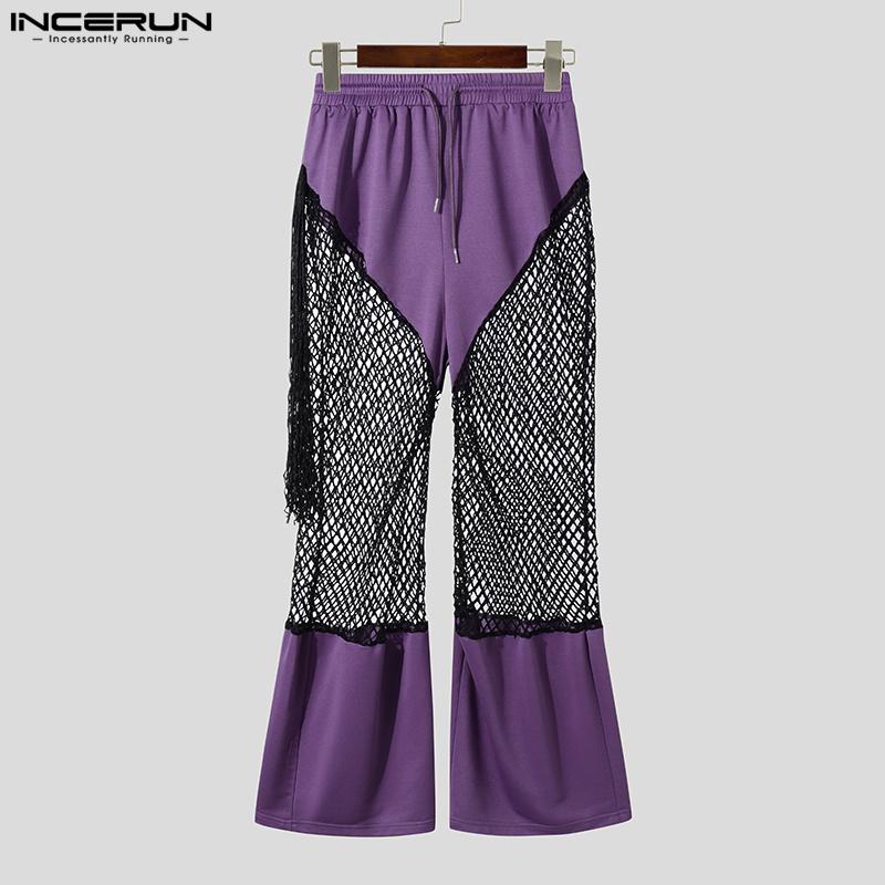 INCERUN Men Mesh Patchwork Pants High Waist Tassel See Through Trousers