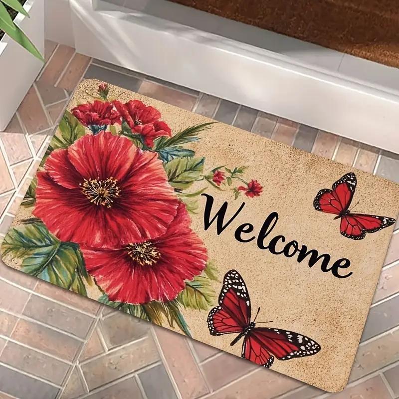 Welcome Floral Home Letter Pattern Door Mat, Non-slip Soft Floor Mat, Decorative Carpet for Home Living Room Bedroom Kitchen
