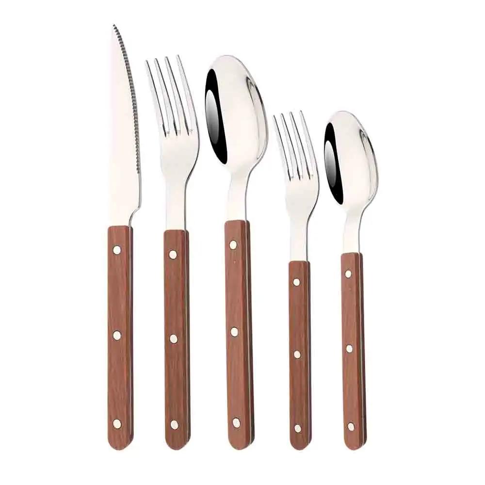 5/20Pcs Imitative Wood Silver Dinnerware Set Western Knife Fork Spoons Set Mirror Stainless Steel Cutlery Kitchen Silverware Set