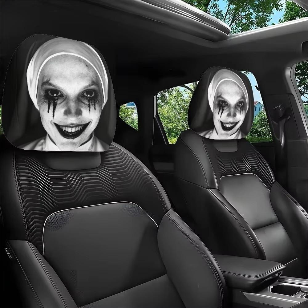 2Pcs Soft Comfortable Spooky Face Auto Headrest Sleeve Stretch Headrest Protector All Seasons