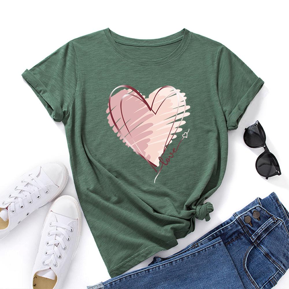 Модная хлопковая футболка с сердцем, с коротким рукавом, с круглым вырезом, женская, с 2D-принтом, топы