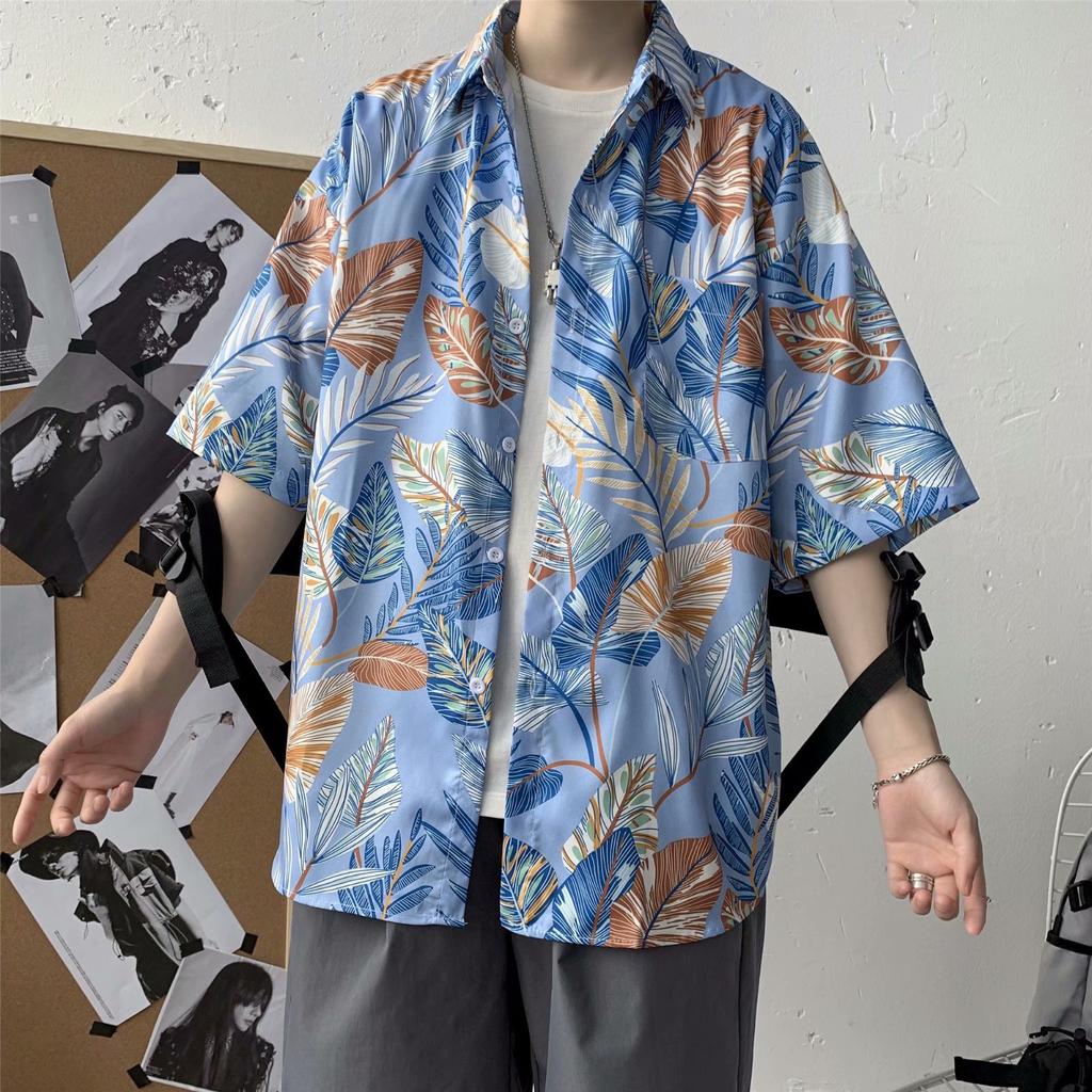 Hawaiian Men's Casual Flower Shirt Hong Kong Style Retro Beach Shirt Floral Couple Flower Shirt Short Sleeve Men