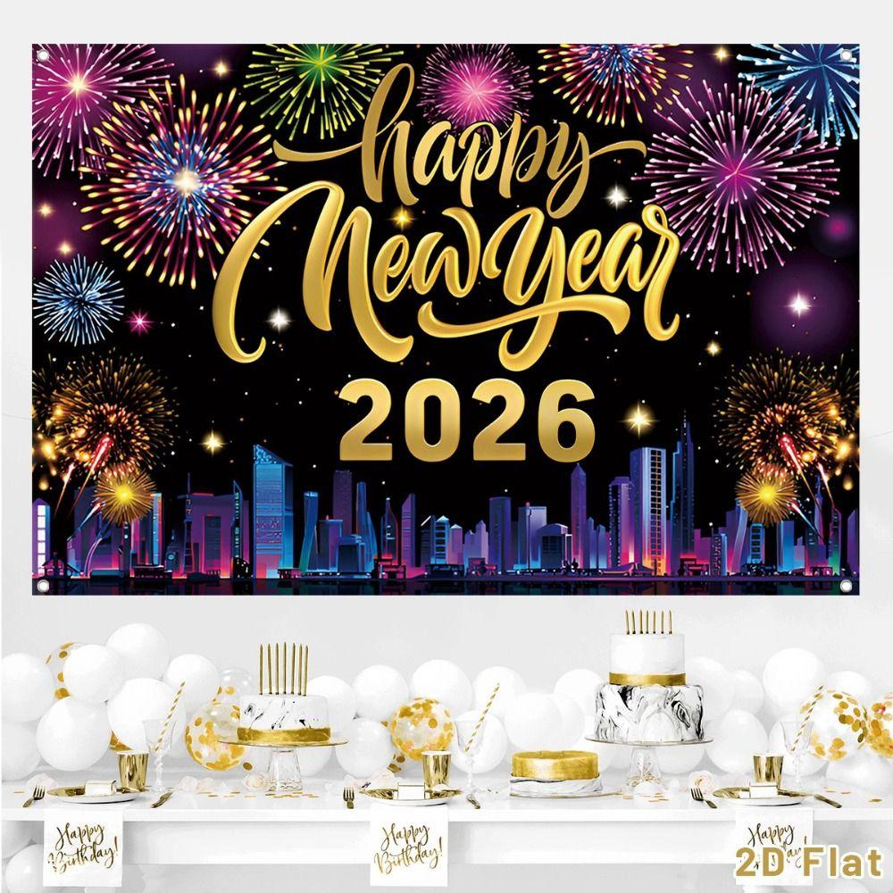 Shiny 2026 New Year Backdrop Banner Colorful Balloon Black Gold Photography Background Letter Champagne Celebration Banner Event
