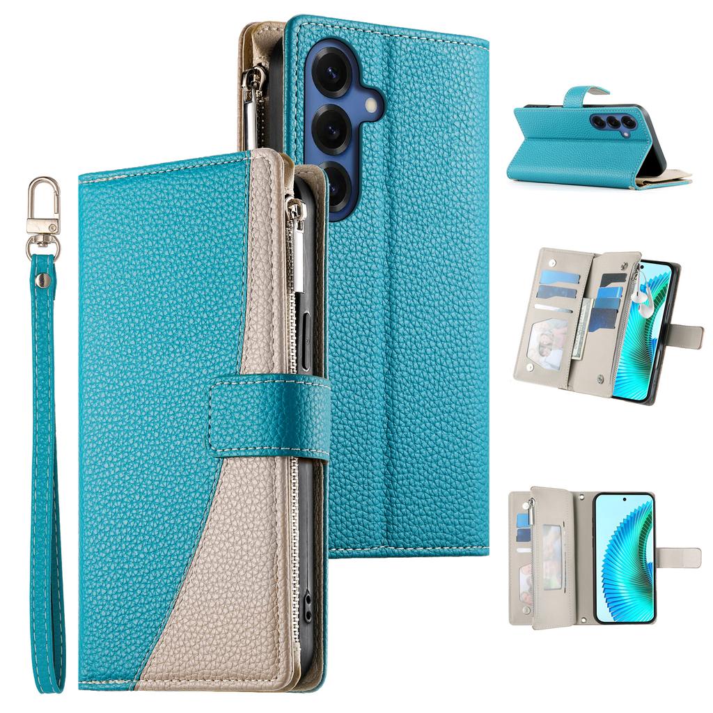 For Samsung Galaxy S26 Case Zipper Wallet Color Splicing Leather Flip Phone Cover with Straps