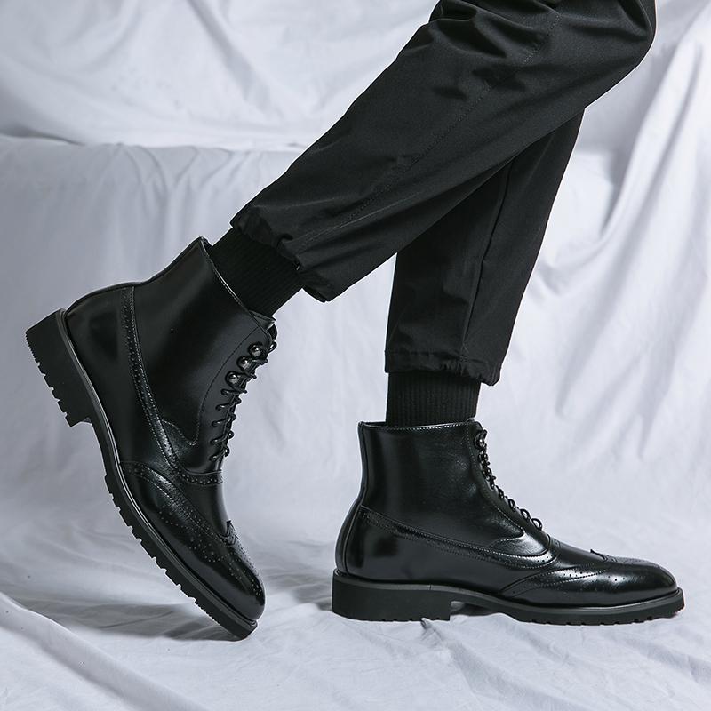 Men Brogues Boots Motorcycle Casual Ankle Boots Wingtip Dress Formal High Top Black Leather Boots Over Sized