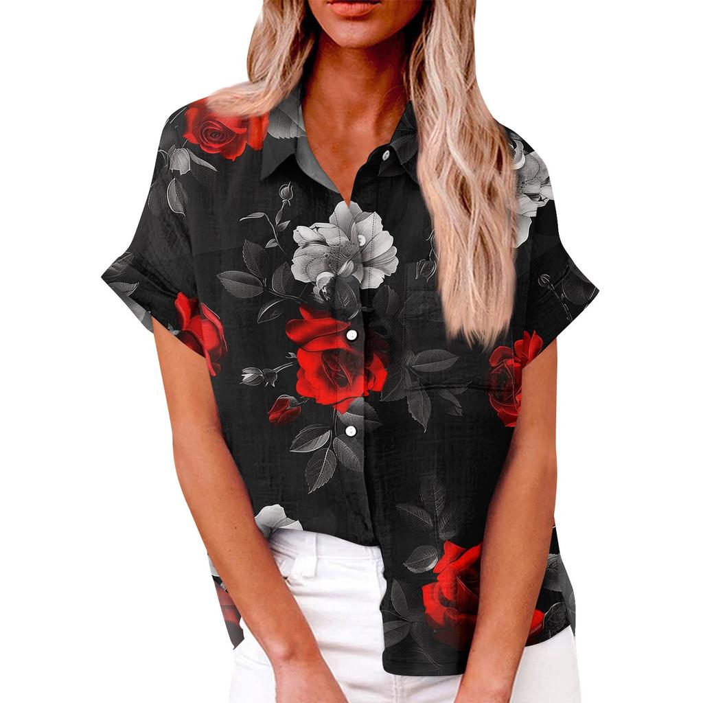 Женская модная свободная повседневная рубашка с коротким рукавом и отворотом на пуговицах, футболка с принтом, топ