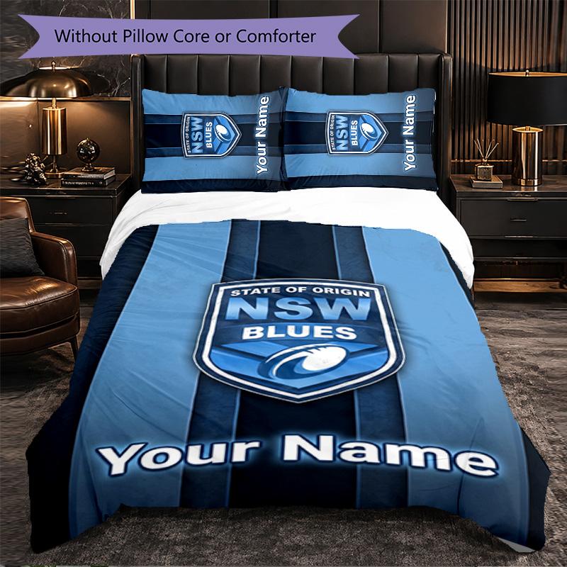 NSW Blues logo Customized Name Text Bedding Set, 1 Duvet Cover & 2 Pillowcases Personalized Bedroom Gift