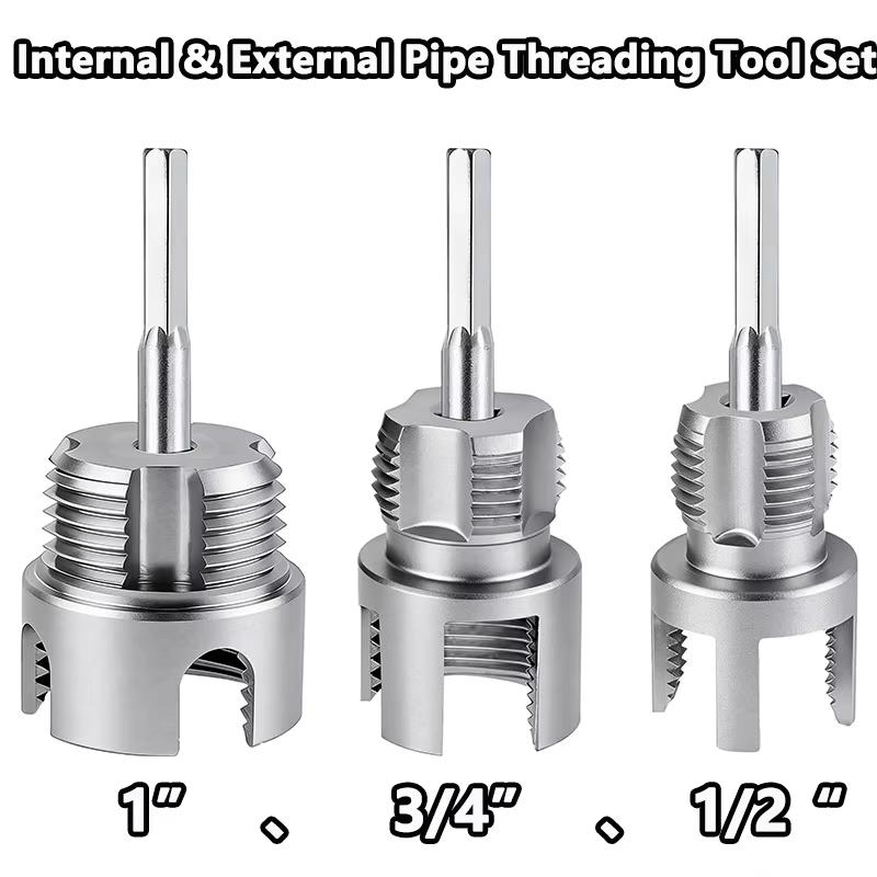 3 шт. Труборезка 1/2" 3/4" 1" Внутренняя Внешняя Набор для нарезки резьбы на ПВХ трубах, Инструмент для нарезки резьбы, Совместимый с электродрелью, для сантехники