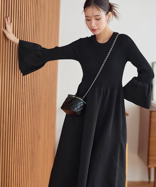 Kobe Lettuce Flare Sleeve Knit Long Size Black Women's Dress, Sleeve, M, [E3341]