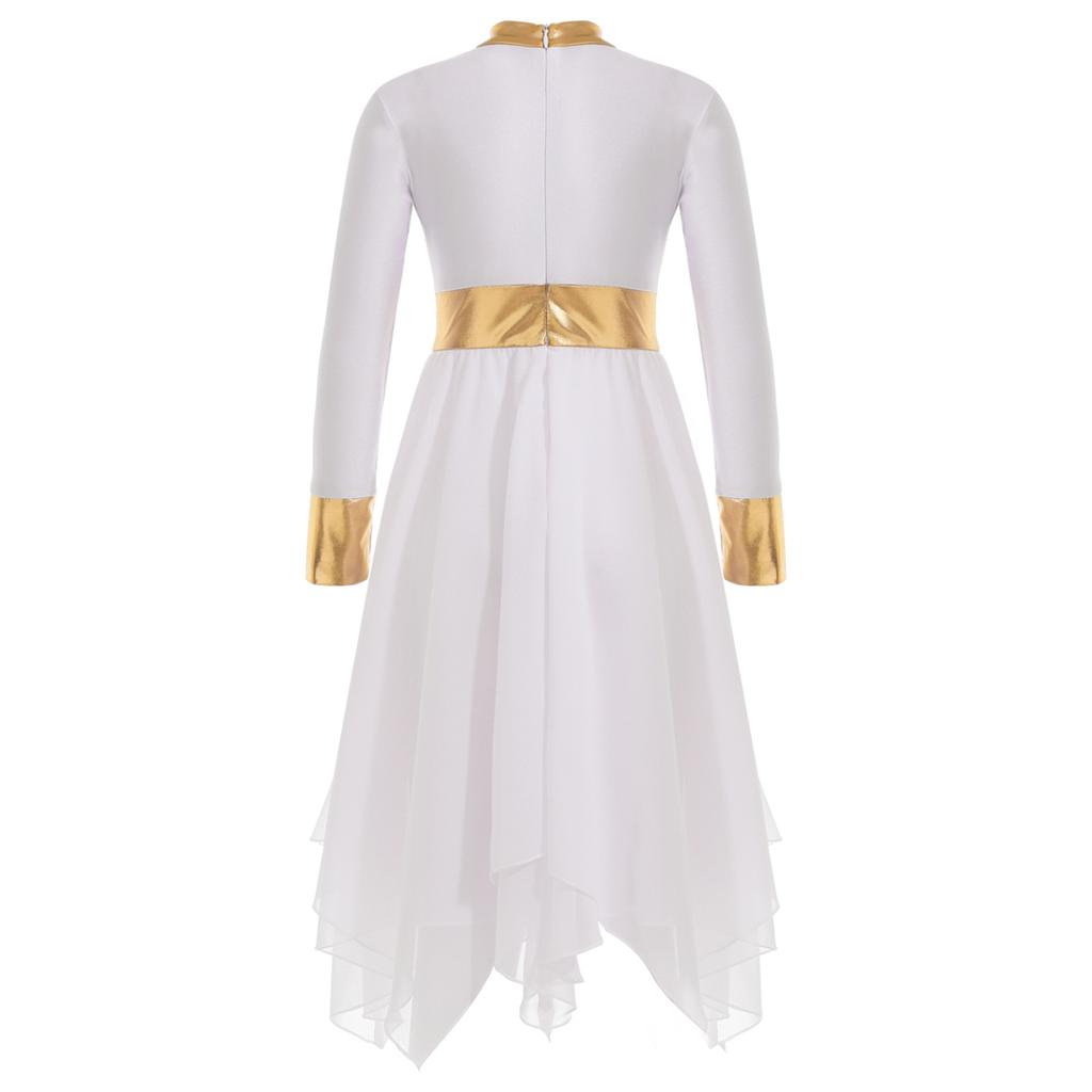 Детское блестящее металлизированное платье-туника с длинными рукавами для девочек, асимметричное платье-туника, лирический костюм для современного танца