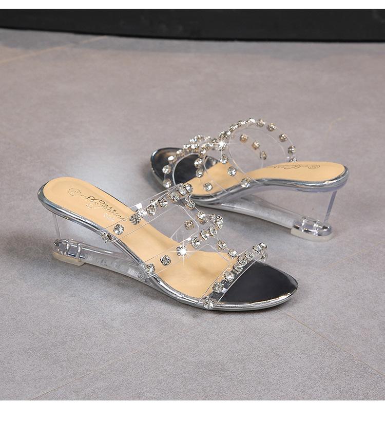 Серия 1098, летняя женская обувь на танкетке, 6 см, простые шлепанцы с пряжкой со стразами, прозрачная обувь LFD