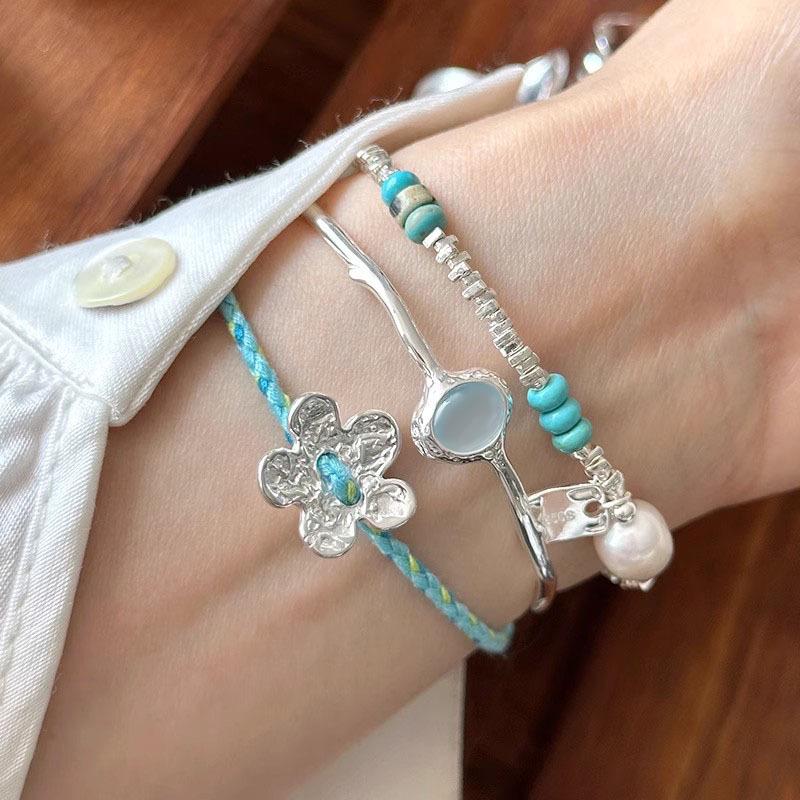 S925 Sterling Silver Aquamarine Irregular Bangle: Cool Minimalist Oval Bracelet for Women