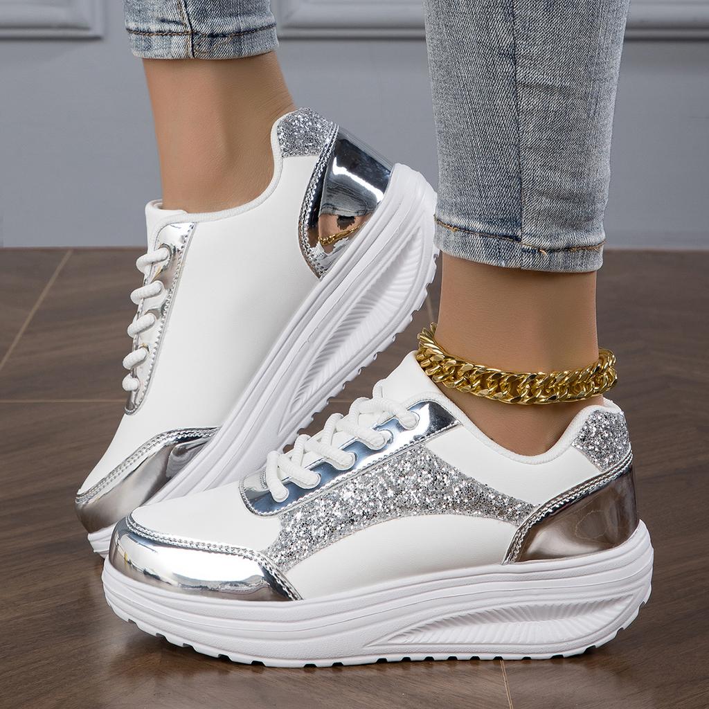 TUINANLE Casual Platform Shoes for Women Silver Glitter Sequin Chunky Sneakers Girls Elevated Thick Soled Shoes