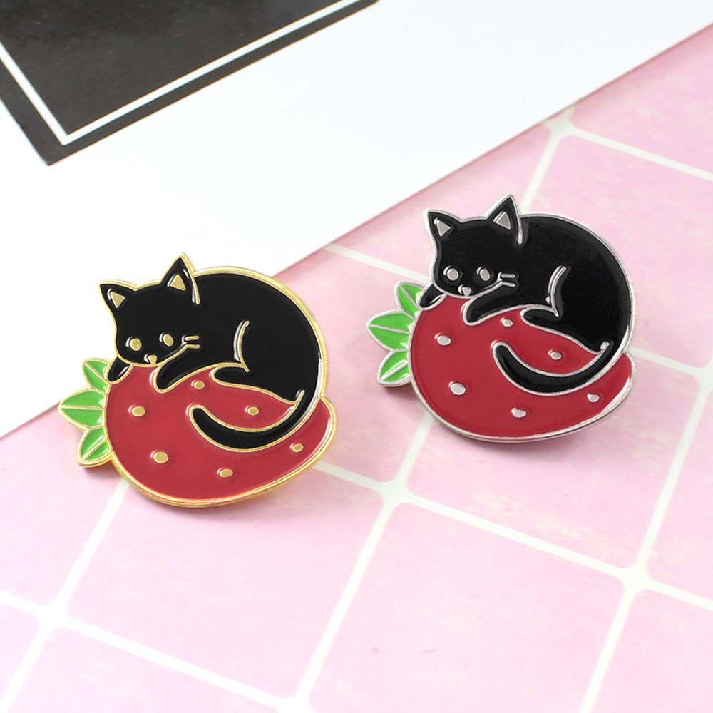 Strawberry Black Cat Jewelry Accessories Lapel Pin Enamel Pin Brooches Pin Cat Brooch Lapel Brooch