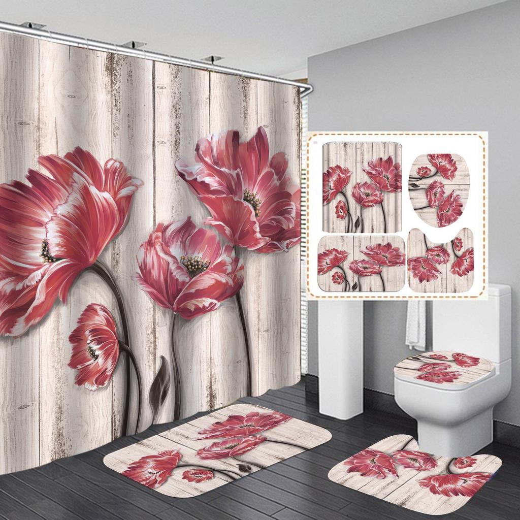 4 PCS Full Set Bathroom Set Shower Curtain Bath Non-Slip Floor Mat Carpet Home Bathroom