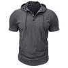 Men Green Short Sleeve Hooded Henley Neck Drawstring Casual Summer T Shirt