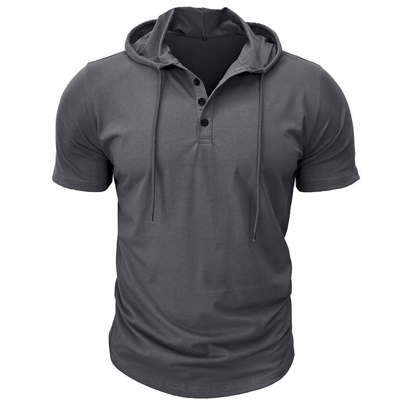 Men Green Short Sleeve Hooded Henley Neck Drawstring Casual Summer T Shirt
