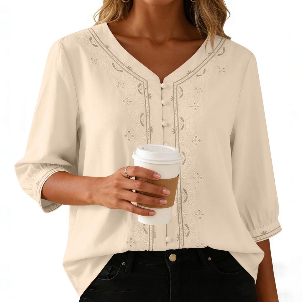 Women's Cotton Linen Tops Retro Chinese Button Top 3/4 Sleeve V Neck Shirts