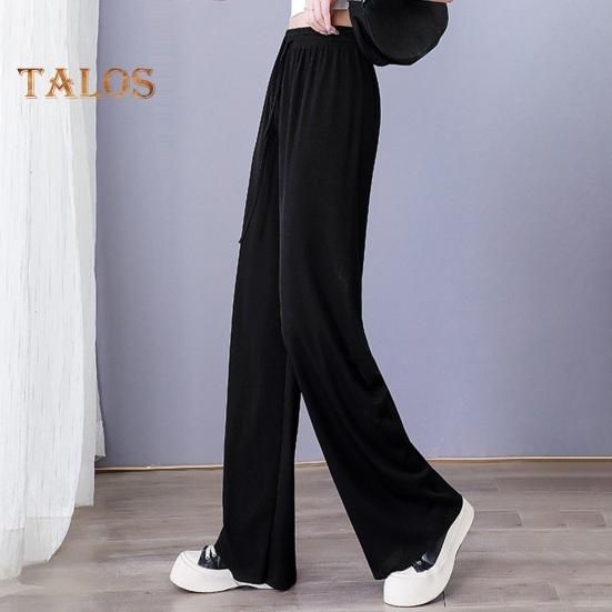 Elastic Pants Casual Women Waist Adjustable Drawstring Solid Color Long Trousers Ice Silk Wide Leg Draped Pants Streetwear