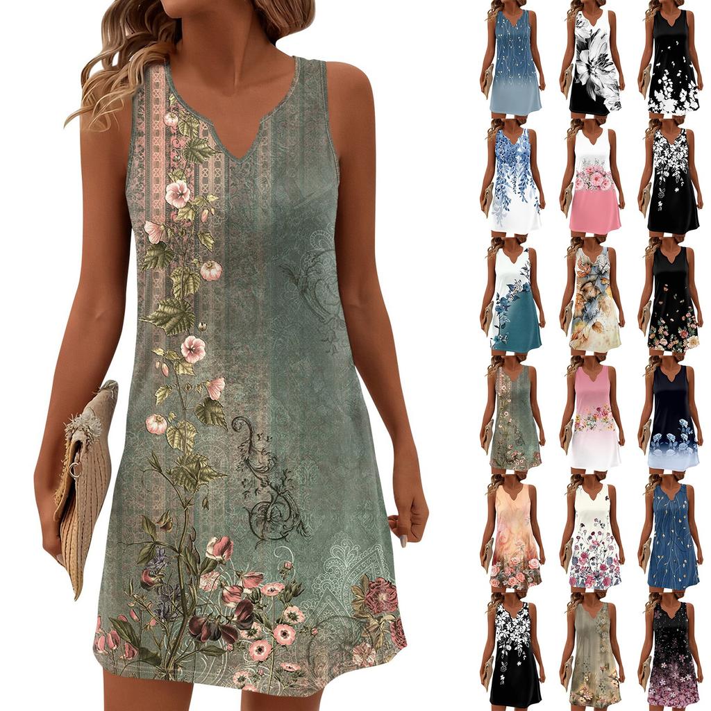 Женские летние платья с V-образным вырезом и принтом без рукавов Сарафан Повседневное платье