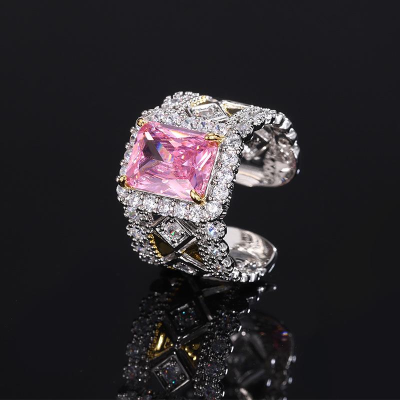 Ring European and American square colored zircon pink zirconium ring red corundum jewelry women's fashion sense high
