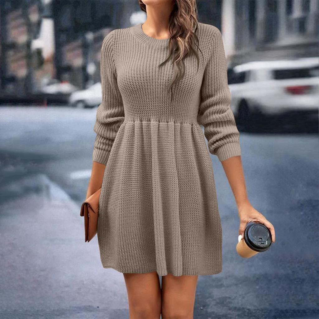 Женское и зимнее однотонное повседневное платье-свитер с круглым вырезом Babydoll