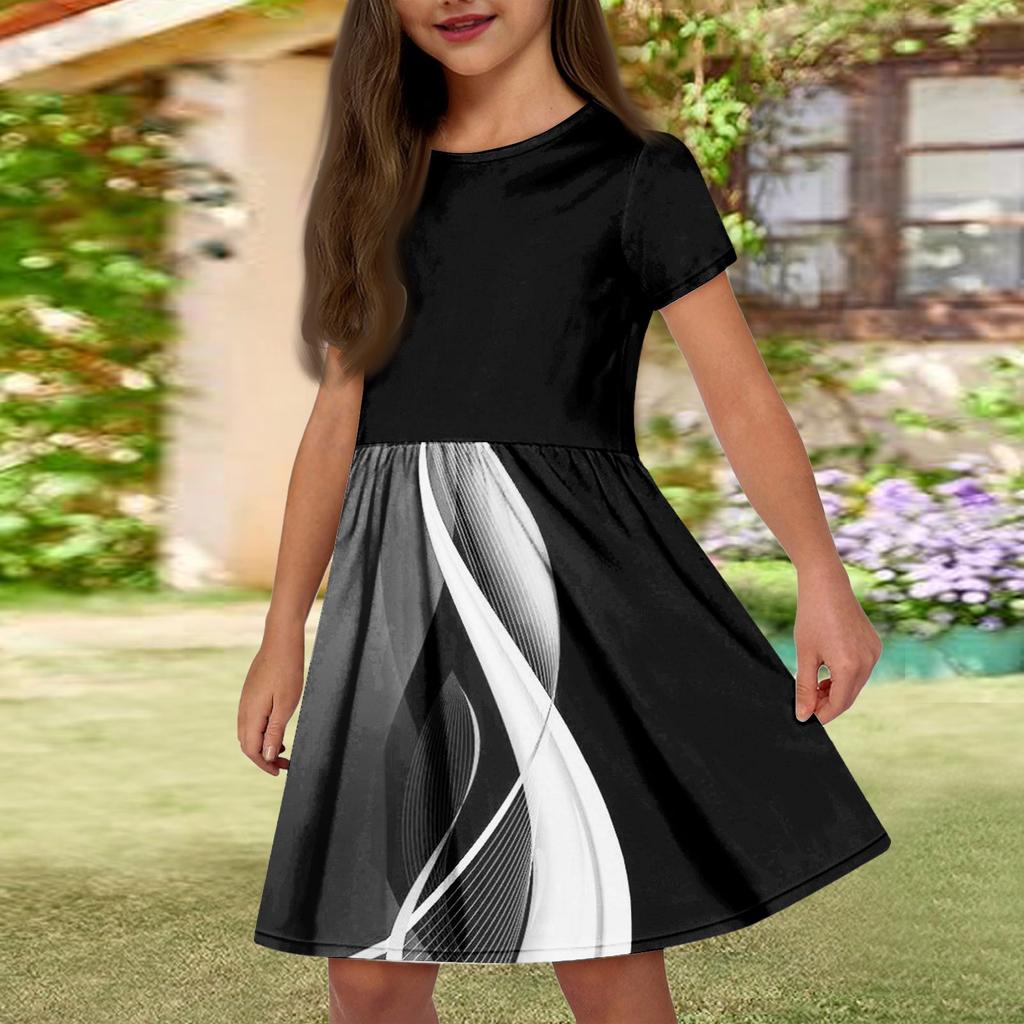 Летнее платье для девочек, однотонное платье без рукавов с принтом и карманом, повседневное платье, вечернее платье с короткими рукавами