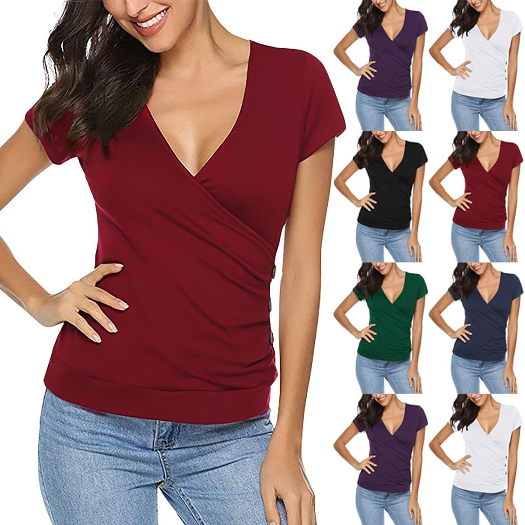 Women's  Short Sleeve T Shirts Deep V Neck Loose Casual Tee Tops For Women Solid Ruched Side Top