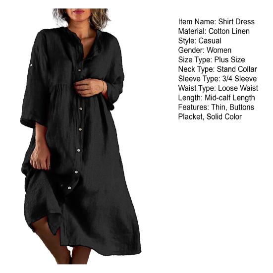 Women Summer Loose Shirt Dress Stand Collar 3/4 Sleeve Buttons Placket Solid Color Loose Fit Midi Dress Streetwear