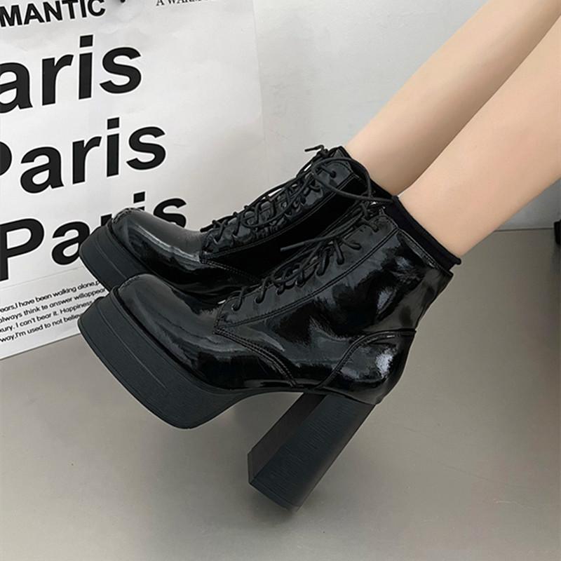 Модные высококачественные черные ботинки на толстом каблуке, женские кожаные ботинки на платформе и высоком каблуке, женские ботинки на шнуровке, с застежкой-молнией, квадратные ботильоны Botas