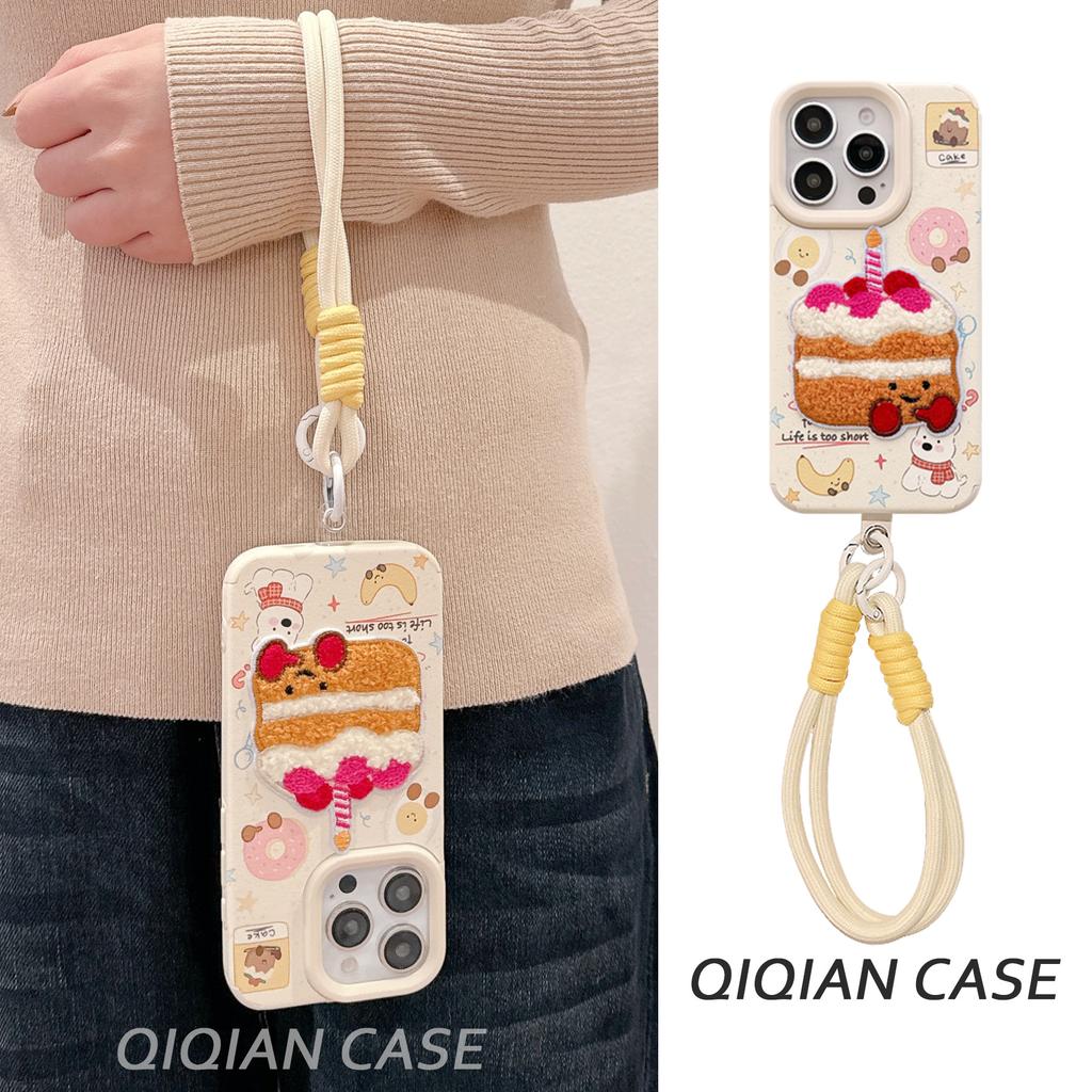 Leather Cartoon Embroidery Cake for IPhone16/15 Mobile Phone Case for Apple 14/13 Promax Lanyard 12