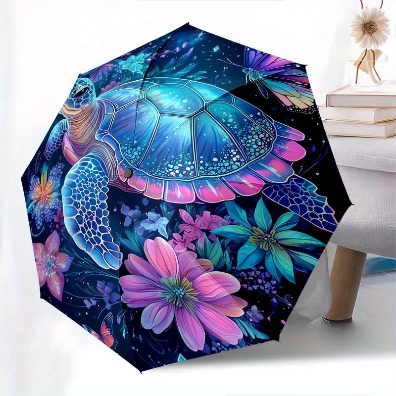 Sea turtle, Floral fantasy Automatic Folding Umbrella 8 Ribs, Durable Iron Frame, Bright Color Pattern Compact Travel Umbrella, Suitable fo