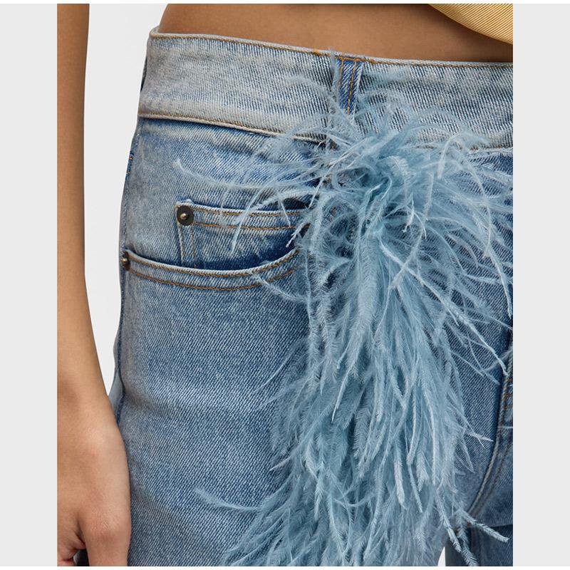 Feather Spliced Washed Jeans Women Baggy Wide Leg Denim Pants Y2K High Waist Fashion Streetwear 2025 Spring Straight Jean Trousers