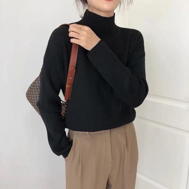 Осенние облегающие трикотажные свитера с высоким воротом, женские зимние однотонные повседневные свитера с длинным рукавом, женские свободные теплые трикотажные джемперы, топы 25848