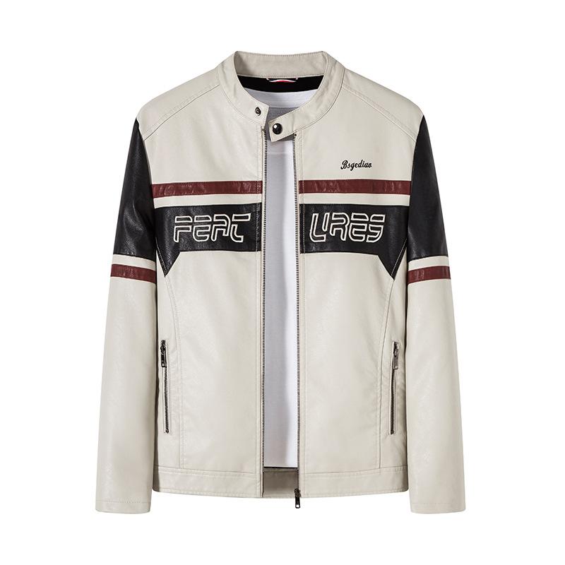 Мужская кожаная куртка, модная облегающая плюшевая мотоциклетная кожаная куртка соответствующего цвета, мужское пальто