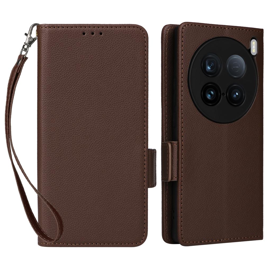 Чехол для vivo X100 Ultra 5G с ремешком на запястье, текстура личи, кошелек из ПУ кожи, чехол для телефона