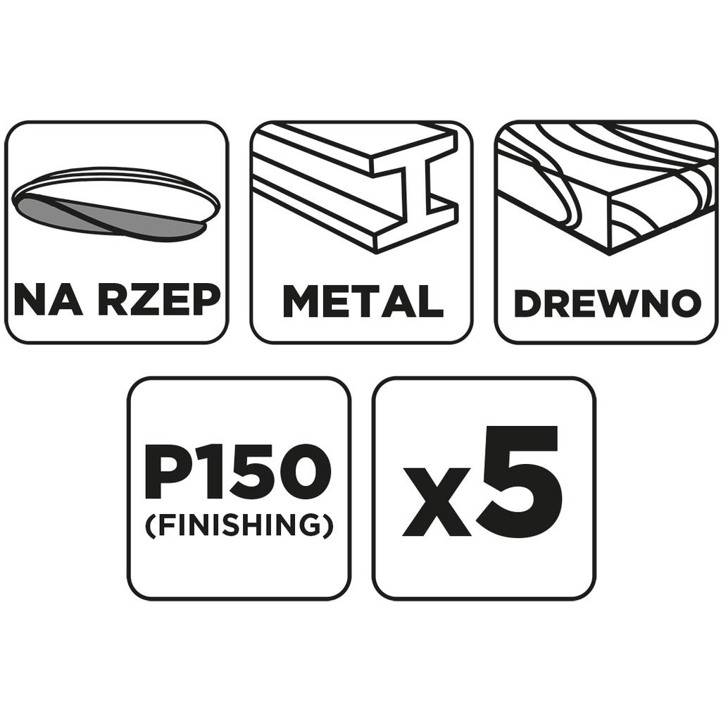 Krążki ścierne na rzep 150 mm, P150, 5 szt., bez otworów