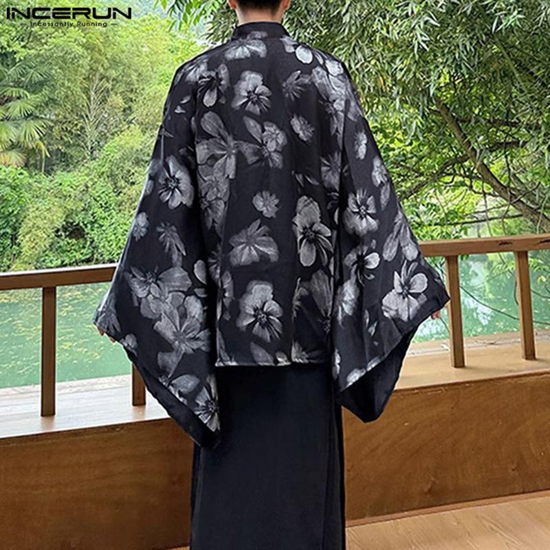 INCERUN Мужской кардиган с крыльями летучей мыши, длинный рукав, цветочный принт, свободное кимоно, открытый передний топ