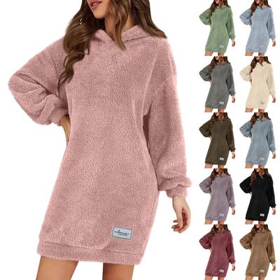 Женское модное плюшевое платье с капюшоном и длинными рукавами, однотонная повседневная толстовка