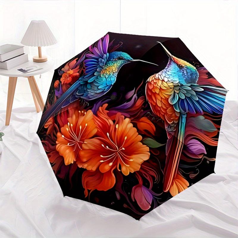 1pc Colorful Hummingbirds Amidst Vibrant Flowers Durable Cartoon Folding Umbrella,Compact Umbrella for Men and Women, Suitable for or Daily Use.N018