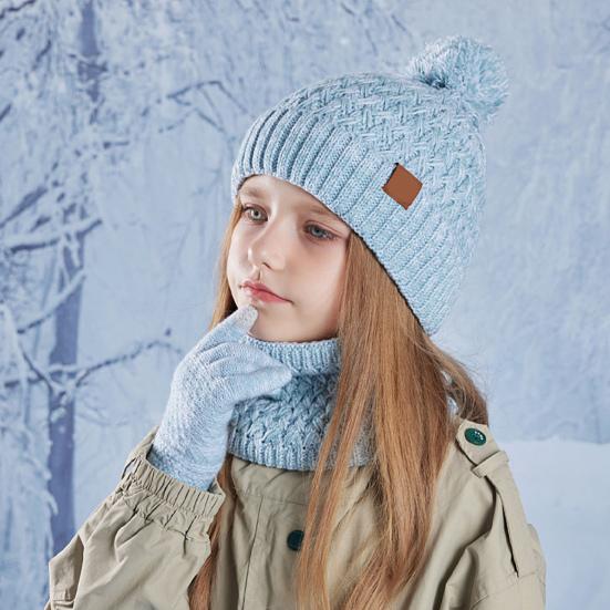 Kids Winter Hat Gloves Scarf Set Girls Boys Knit Hat with Pom Neck Warmer Mittens Set Toddlers Cold Weather Accessories for Kids 4-10 Years
