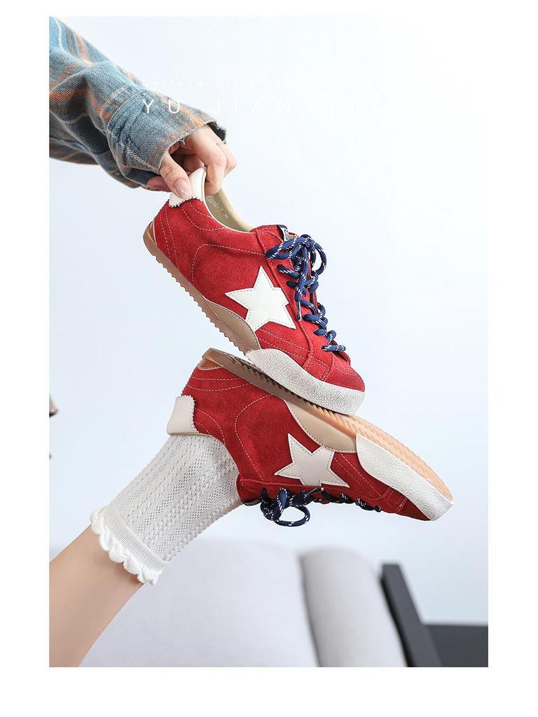 Women's Retro German Trainer: 2025 Genuine Leather Distressed Sneakers with Star, Mandarin Duck Stripe, Flat Bottom, Casual Skate Style