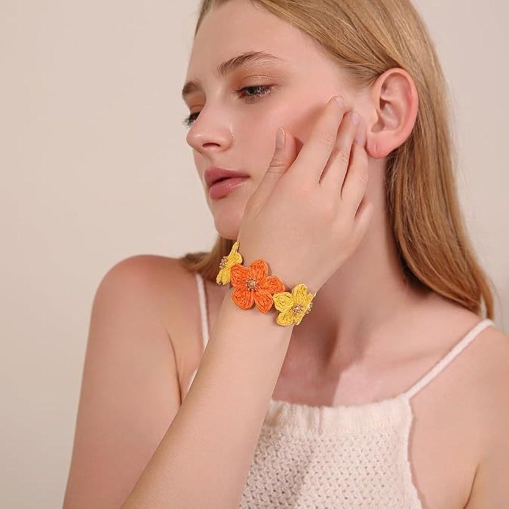 Винтажный браслет-кольцо ручной работы из рафии в форме буквы C, плетеный браслет с цветком, унисекс